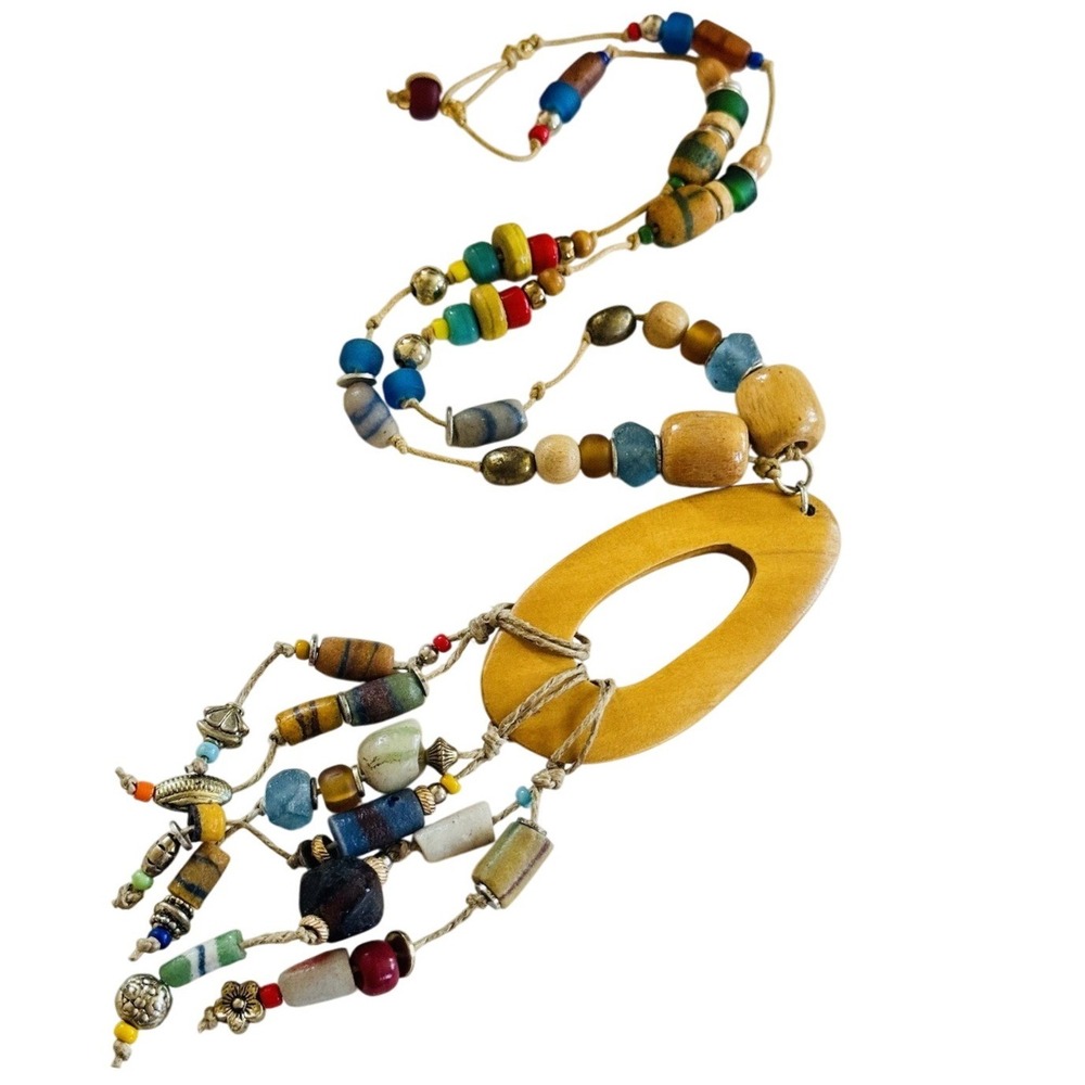 Necklace Art Glass beaded VTG Collar Rare Poured Beads‎ Wood Colorful Sea Beads